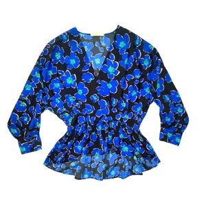 Wishing Waves Floral V Neckline Long Sleeve Shirt Ruffle Bottom Size Large